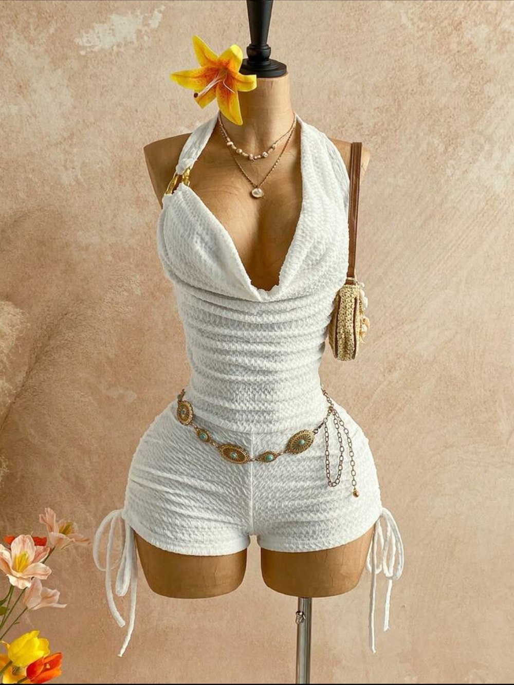 White Textured Halter Romper